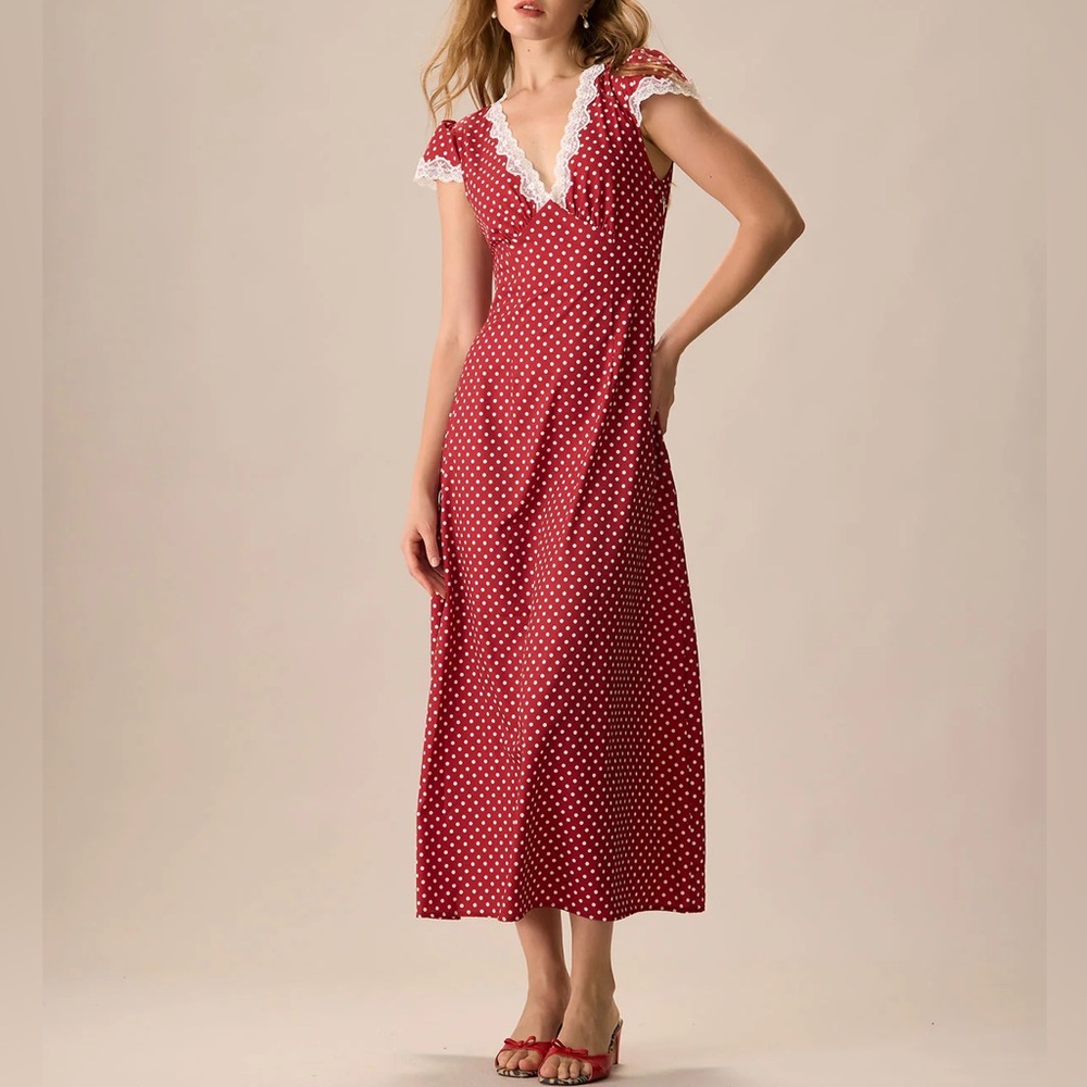 Rihoas Red V Neck Polka Dot Lace Ruched Maxi Dress